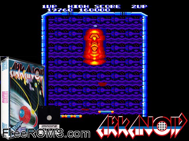 Arkanoid (UK) (1987) [h1] Amstrad CPC game showing 3D box cover and gameplay screenshot